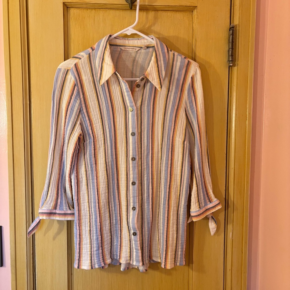 Soft Surroundings Crinkle Cotton Striped Button Front Shirt Size Medium Petite